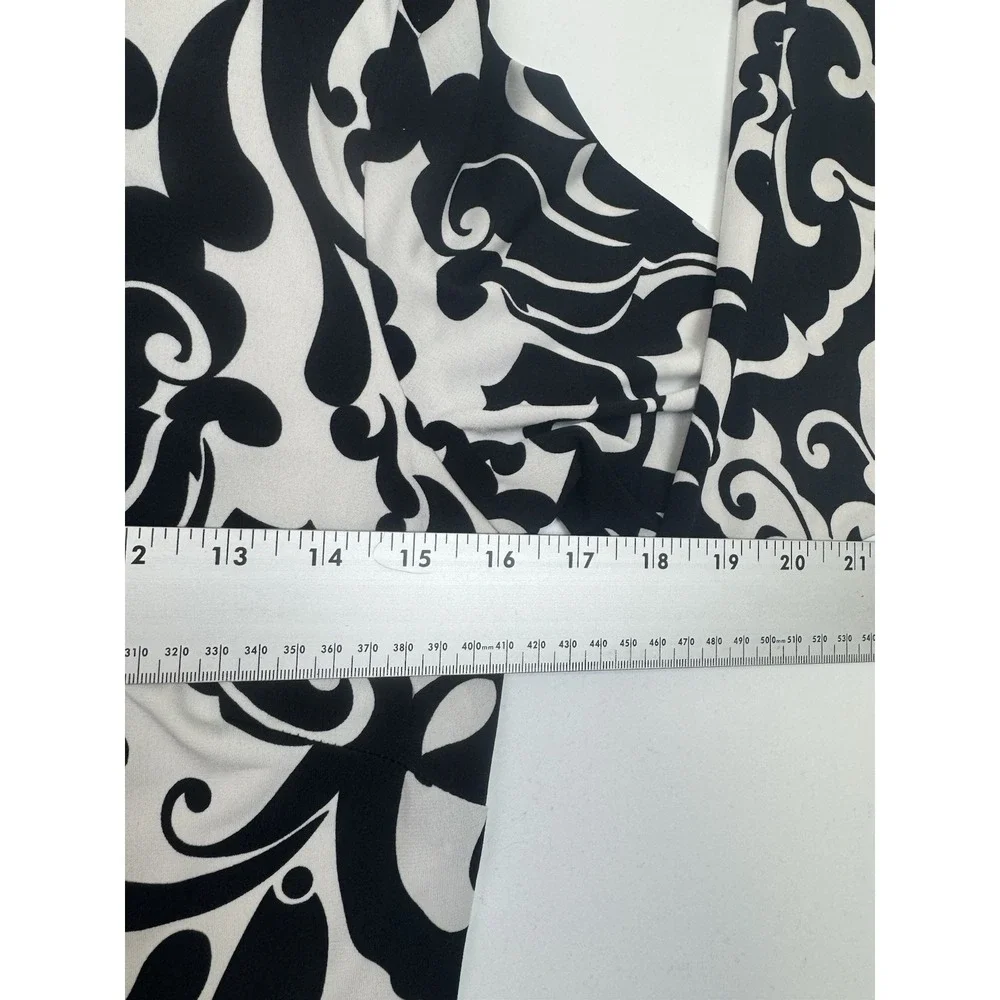 Caché Women's Dress Size 8 Black White Damask Print Sheath Long Sleeve Stretch 8